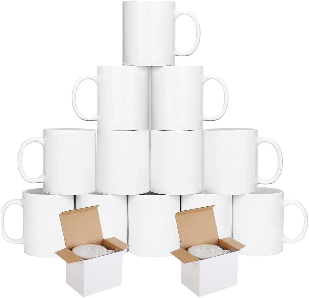 12 x Sublimation Mugs Blank 11oz White Sublimation Coffee Mugs Large Handle Sublimation Cups with Gift Boxes