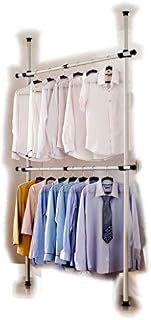 Goldcart® Heavy Duty Telescopic Wardrobe Organizer, Movable Hanging Rail, Garment Rack, DIY By Hand, No Damage to Walls or Ceiling, Fit high ceiling up to 3.2m, Clothes Wardrobe 2 Poles 2 Bars, [3202]