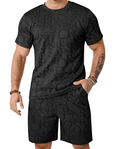 LecGee Men's 2 Piece Summer Beach Vacation Outfits Short Sleeves Shirt and Loose Shorts Matching Sets For Men(Black,Large)