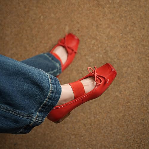 Leather Ballet Flats Shoes for Women Dressy Square Toe Bow Mary Jane Flats with Elastic Band Comfort Casual Walking Shoes4