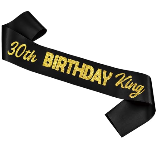 Ashaqshnglee 30th Birthday King Sash Black with Gold Glitter Letter Birthday King Sashes for Men Boy Gifts Decorations Party Supplies