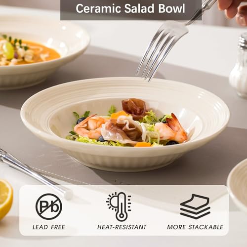 DXQCHDUO Lot de 4 bols à salade en céramique avec bord large texturé de 20,3 cm, assiettes creuses pour dessert, salade, céréales (beige) – vue 2