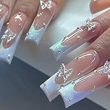 24 Pcs Long Press on Nails White French Tips Fake Nails Butterfly Rhinestone Full Cover Nails Tips C
