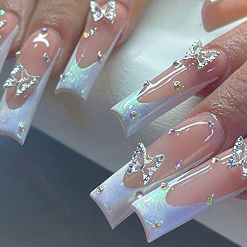 24 Pcs Long Press On Nails White French Tips Fake Nails Butterfly Rhinestone Full Cover Nails Tips Coffin False Nails With Charms Nail Decorations Glitter Acrylic Nails Glue On Nails For Women Girls #TOP10
