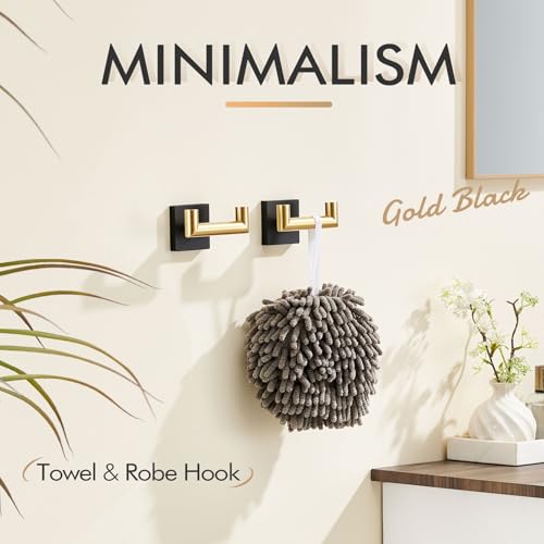 Image of KOKOSIRI Robe Hooks Bath Towel Hooks Bathroom Hardware Double Coat Hooks Wall Mounted, Stainless Steel 2 Pack Black with Gold B1015GDK-P2