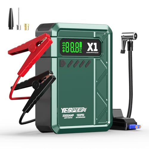 YESPER Jump Starter with Air Compressor 2000A 150PSI Battery Jumper Starter Portable(8L Gas/6L Diesel), 12V Car Jump Pack Battery Charger Jump Box with Jumper Cables, LCD Display, Lights -  Shenzhen Carku Technology Co.,Limitted, X1