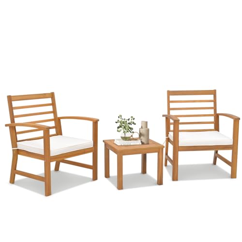 KOMFOTTEU 3tlg. Balkonmöbel Set Holz, Gartenmöbel Set aus Akazienholz, Balkonset mit Kissen, Gartentisch mit 2 Gartensessel, Garten Bistroset Sitzgruppe für Terrasse Balkon