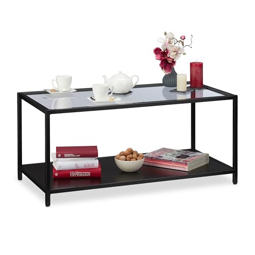 relaxdays Mesa Centro Cristal para el Salón, Diseño Moderno, Vidrio, DM y Metal, 45 x 100 x 50 cm, Negro