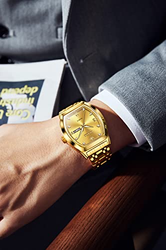 Olevs Gold Men Watches Luxury Dress Diamond Analog Quartz Date Wrist Watch Casual Stainless Steel Waterproof Luminous Unique Tonneau Watch For Men #TOP3