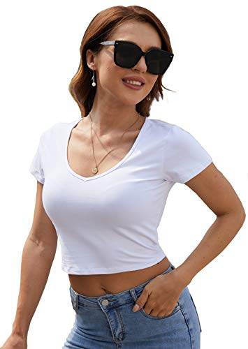 SUNRO Womens Crew Neck/V Neck/Scoop Neck Short Sleeve Basic Crop Top T-Shirts (Medium, 3-White)