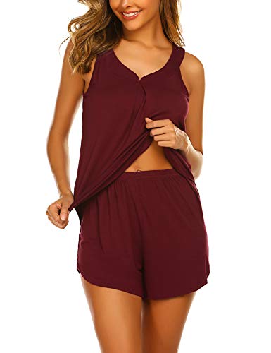 Ekouaer Ladies Sleepwear Pajama Sets Shorts Sexy Nightwear Jammies Wine Red Small #TOP2
