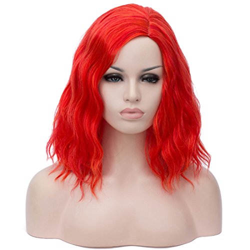 BUFASHION 14" Women Short Red Kinky Straight Cosplay Synthetic Wigs With Air Bangs 46 Colors Available (Red)