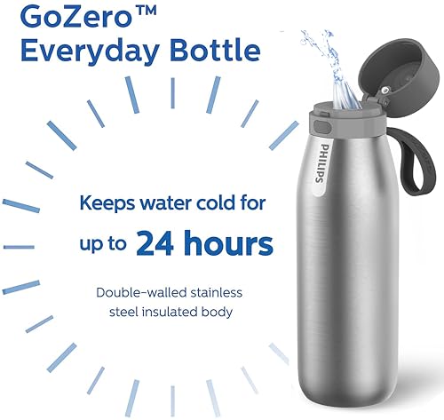 Image of PHILIPS Filtered Water Bottle Stainless Steel Travel Keeps Cold 32oz Silver | Insulated BPA-Free Water Bottle With Leakproof Lid. Filter Removes Chlorine & Odor, Lasting 2 Months Or 40 Gallons