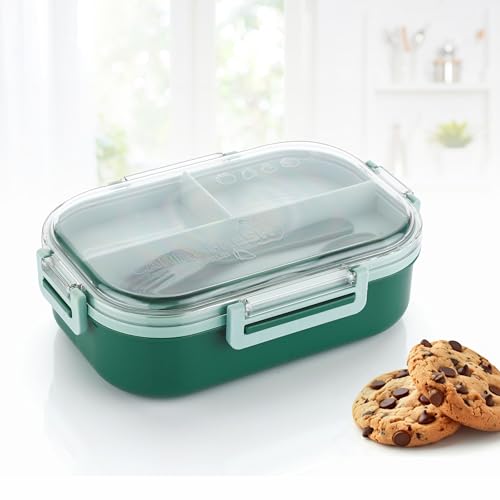 Image of ATTRO Carry Fresh Kids Plastic Lunch Box 3 Compartments & Fork, BPA-Free, Food-Grade, Ideal for School, Picnic, Travel & Outdoor Use- Green, 500 ml