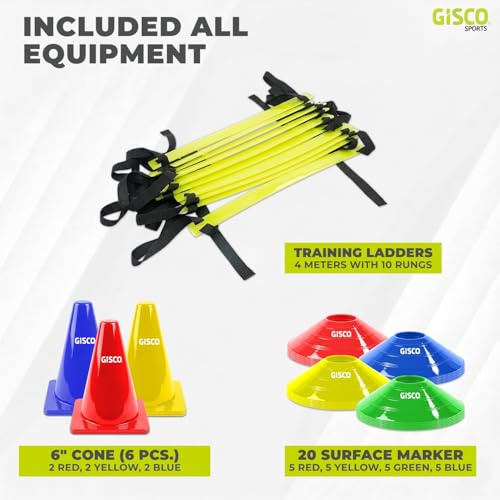 Image of GISCO Speed and Agility Soccer Training Kit, Including Space Markers - 20Pcs + 4 M Agility Ladder - 1 Piece + 6 inch Marker Cone - 6 Pcs