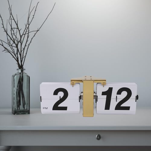 lvifloae Flip Desk Clock Mechanical Clock Battery Operated Desktop Vertical Wall Mounted Retro Digital Flip Clock 12H Gold Base and White Flip Cover Ideal for Home Office School (Gold)