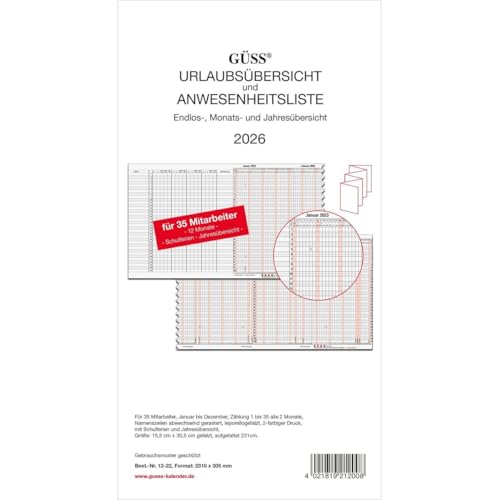 Güss Urlaubs-/Anwesenheitsliste 30x234cm für 35 Mitarbeiter - Kalendarium