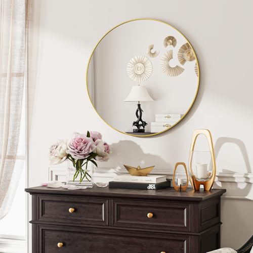 Koonmi 60cm Runder Spiegel Gold Spiegel Rund Wandspiegel mit Rahmen aus Aluminiumlegierung für Badezimmer, Waschtisch, Wohnzimmer, Schlafzimmer, Eingang Wanddekoration Koonmi 60cm Runder Spiegel Gold Spiegel Rund Wandspiegel mit Rahmen aus Aluminiumlegierung für Badezimmer, Waschtisch, Wohnzimmer, Schlafzimmer, Eingang Wanddekoration