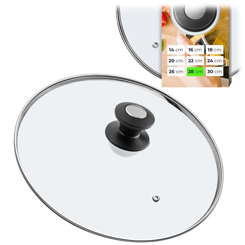 KADAX Glasdeckel, Topfdeckel Ø28 cm mit Schwarz und Silber Griff, hitzebeständig, mit Dampfloch, Universaldeckel für Töpfe & Pfannen, klare Sicht, dicht schließend