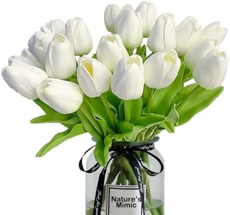 20pcs White Tulips Artificial Flowers 13.5 Inch Real Touch PU Fak...