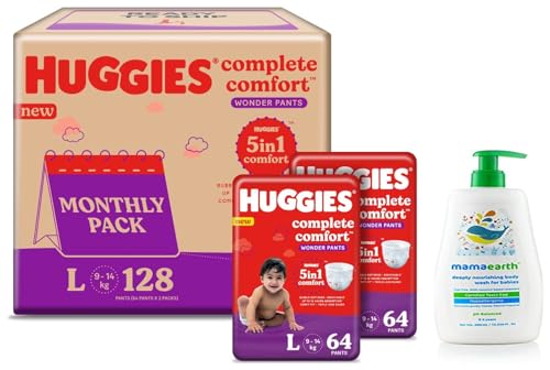 Image of Huggies Complete Comfort Wonder Pants Large (L) Size Baby Diaper Pants Monthly Pack, 128 count, with 5 in 1 Comfort & Mamaearth Deeply nourishing natural baby wash (400 ml, 0-5 Yrs)