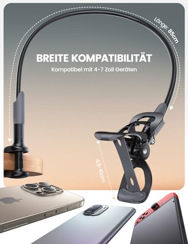 Lamicall Handy Halter für Bett, Schwanenhals Handy Halterung - Flexible Lang Arm Handy Ständer für iPhone 17 16 15 14 Pro Max Plus, SE, 13 12 Pro Max Mini, 11, XS, Samsung S25 S24, 4-7 Zoll Smartphone
