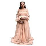 写真撮影用マタニティドレス-ベビーシャワー用レースマタニティイブニングガウン、写真撮影用ロングパフスリーブ, ピンクカーネーション, Large