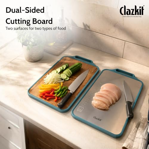 Image of Clazkit Stainless Steel & Wooden Dual Side Chopping Board with Handle | Food-Grade Stainless Steel & Natural Wood | Durable Kitchen Chopping Board for Vegetables, Fruits (36.5 x 23 x 0.1cm)