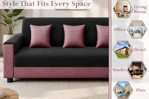 Image of 3 Seater Wooden Sofa | Velvet Fabric Couch with Cushions | Comfortable Living Room Sofa | Sturdy Wooden Frame | Home & Office Furniture | Black & Rose Pink