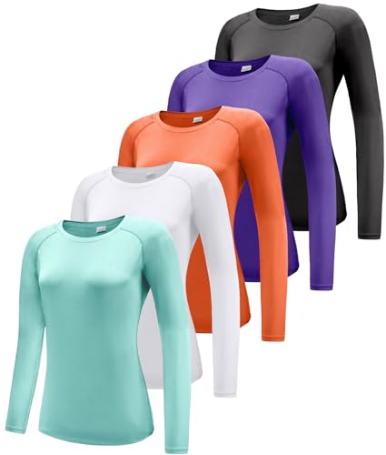 Damen 5er Pack Langarmshirt T-Shirts, UPF 50+ Sonnenschutz Schnelltrocknend Funktionsshirt Laufshirts, Atmungsaktiv Langarm Sportshirt Gym Yoga Top Workout Fitness Oberteil 5P01-S