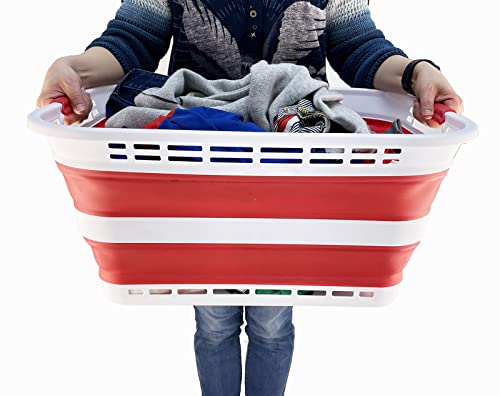 Image of SAMMART 42L (11 gallons) Collapsible Plastic Laundry Basket - Portable Pop Up Storage Container /Organizer - Portable Hamper - Space Saving Easy Storage (White /Viva Magenta [BPA Free] (Set of 2))