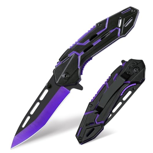 Image of FUNBRO Cool Pocket Knife for Men, Flipper Open Folding Knife with 3.4 inch Stainless Steel Sharp Blade, EDC Knives with Clip for Outdoor Camping Hiking, Gifts for Him Dad Husband (Deep Purple)