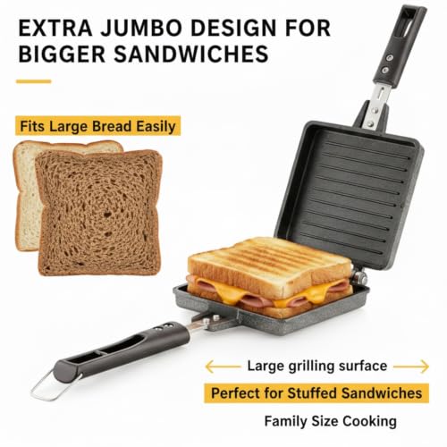 Image of Double Sided Sandwich Grill Pan | Non-Stick Toast Maker Aluminium Stovetop Toaster Gas Stove Flip for Bread Snacks Heat Resistant Handle Black (Jumbo Grill Toaster)