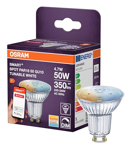OSRAM Foco reflector LED SMART PAR16 GU10, 4,7 W, ZigBee 3.0, blanco ajustable 2700-6500 K, regulable, control mediante aplicación, Alexa