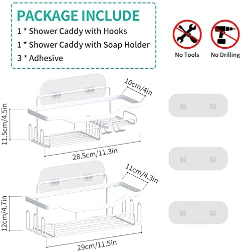 HapiRm Shower Caddy Bathroom Shelf with Soap Dish Holder, Shower Shelf No Drilling with 11 Hooks for Hanging Razor, Shower Ball, Towel, Rust Proof Bathroom Caddy for Kitchen, Bathroom, White
