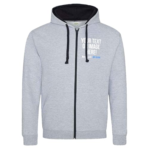 Image of Purple Print House Custom Zipped Up Varsity Hoodie Mens Womens College Team Style Any Text Image Photo Personalised Work Company Logo Uniform Full Length Zipper Hoody Hooded, M, Grey/Navy