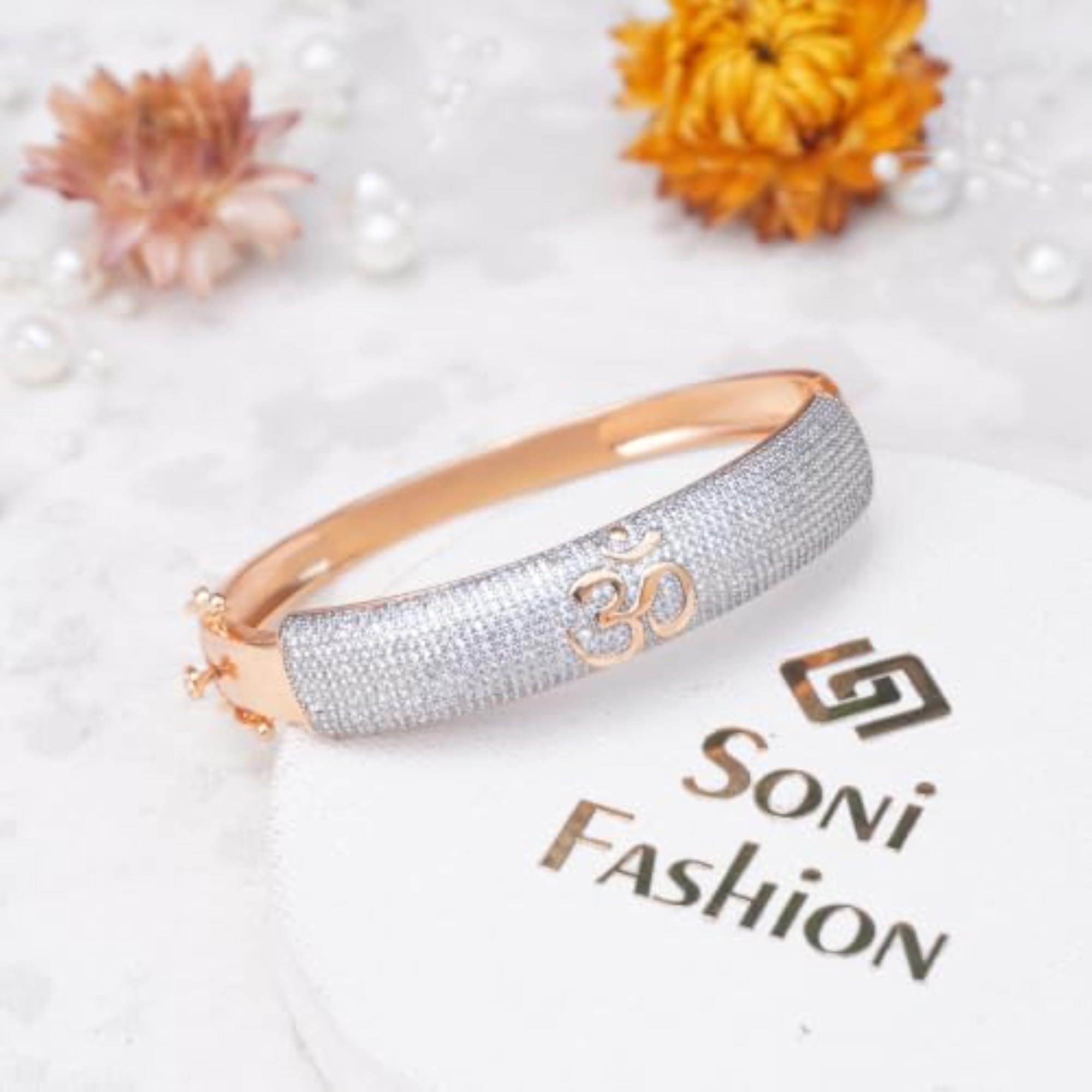Men's Diamond Om Design Rose Gold Kada Bracelet
