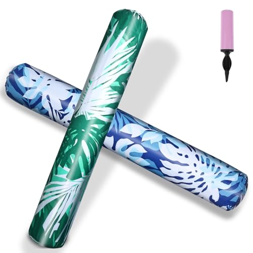 Extra Large Inflatable Swim Pool Noodles - 2 Pack Soft Fabric Covered Large Noodles for Floating, Premium Buoyancy and Comfort for Adults (Blue + Green Tropical Leaves Theme)