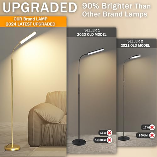Image of marctronic Gold Floor Lamp, 18W 1800LM Bright LED Floor Lamps for Living Room Bedroom, Dimmable Timing Eye Caring Reading Standing Lamp with Remote & Works with Smart Plug
