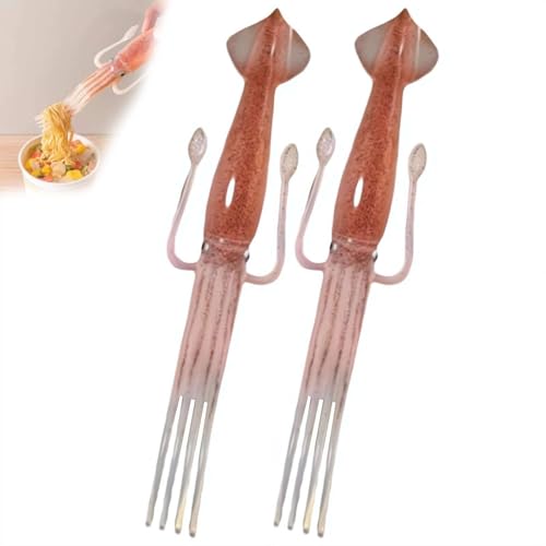 Funny Squid Noodle Fork, 3-in-1 Heat-resistant Silicone Pasta Fork, Cute Squid Shaped Cooking Tools, Multi-Purpose for ramen/pasta/salad, Creat-ive Kitchen Gadgets Gifts for Adults (2pcs)