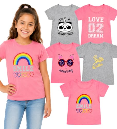Image of MISS POPULAR Girls 5-Pack Printed T-Shirts, Pink Grey Short Sleeve, Crew Neck. Unicorn, Panda, Selfie, Rainbow. Size 4-16