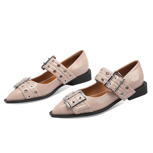 Ballerina Flats for Women Pointed Toe Flats With Studs Buckle Ballet Flats Comfortable low heeled flats