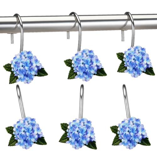 Amyhill 12 Pcs Hydrangea Decorative Shower Curtain Hooks Blue Flower Shower Curtain Rings Hanger Stainless Steel Resin Spring Floral Themed Hooks for Home Bathroom Decor