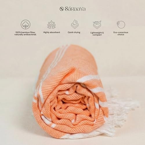 Image of Ultrasoft Bamboo Bath Towel | Quick Dry, Compact & Lightweight | Turkish Striped Satin Weave | Peach | 63x33 Inch | 210 GSM
