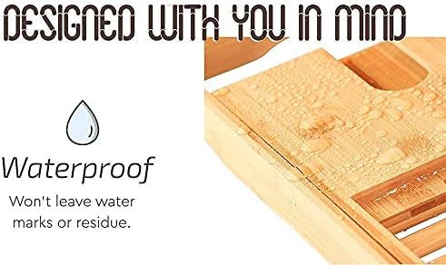 Unibos Bath Caddy with candle, wine glass, book, tablet, ipad & phone holder. Extendable/adjustable bridge, Natural wood over bathtub tray 100% bamboo (Natural with folding legs)