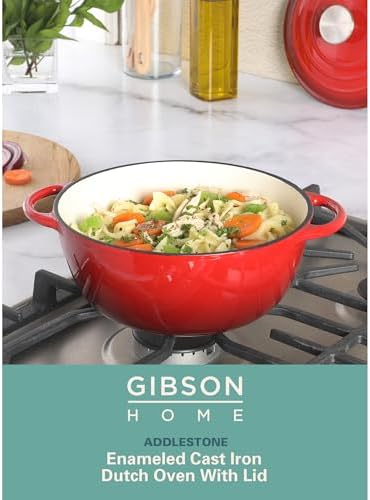 Gibson Home Addlestone 2.65 Quart Round Enamel Cast Iron Dutch Oven Pot With Lid & Dual Handles - Gradient Red - Thumbnail 3