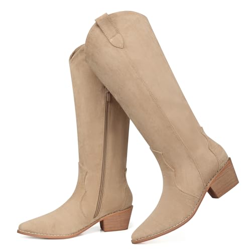 Image of SHIBEVER Cowgirl Boots Knee High: Womens Western Cowboy Boots Wide Calf Apricot Low Heeled Put on Suede Tall Booties Size 6.5