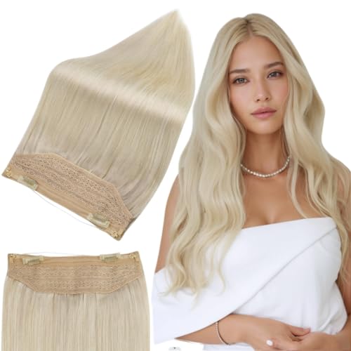 Full Shine Wire Hair Extensions Real Human Hair 14 Inch Platinum Blonde Wire Human Hair Extensions Straight Hairpiece Fish Line Hair Extensions Real Human Hair for Women 70g