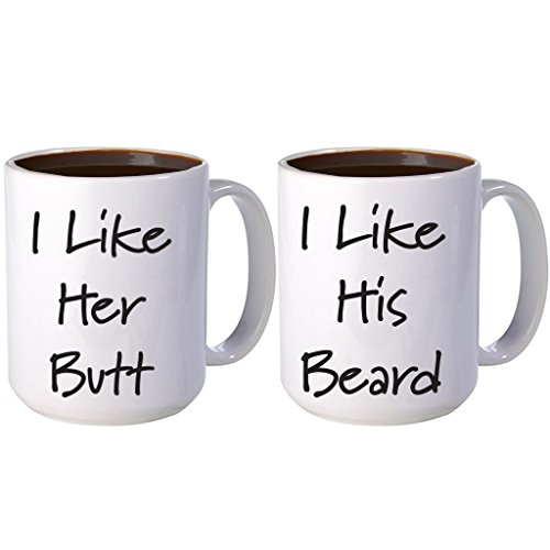 VictoryStore Large Mugs: Couples Coffee Mug Set 15 ounce, His and Hers Mugs (I Like His Beard, I Like Her Butt)