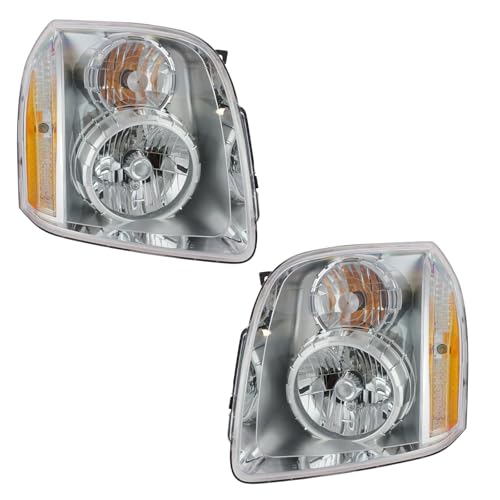 Image of TRQ 2 Piece Headlight Assembly Set Chrome Bezel Driver & Passenger Side Compatible with Yukon Denali Yukon 2007-2014 Denali XL 1500 2007-2014 Yukon Denali Hybrid 2010-2013 GM2502318 GM2503318